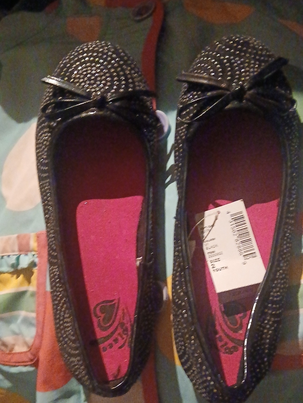 Sparkle Black Youth Ballet Flats with Bow Accent